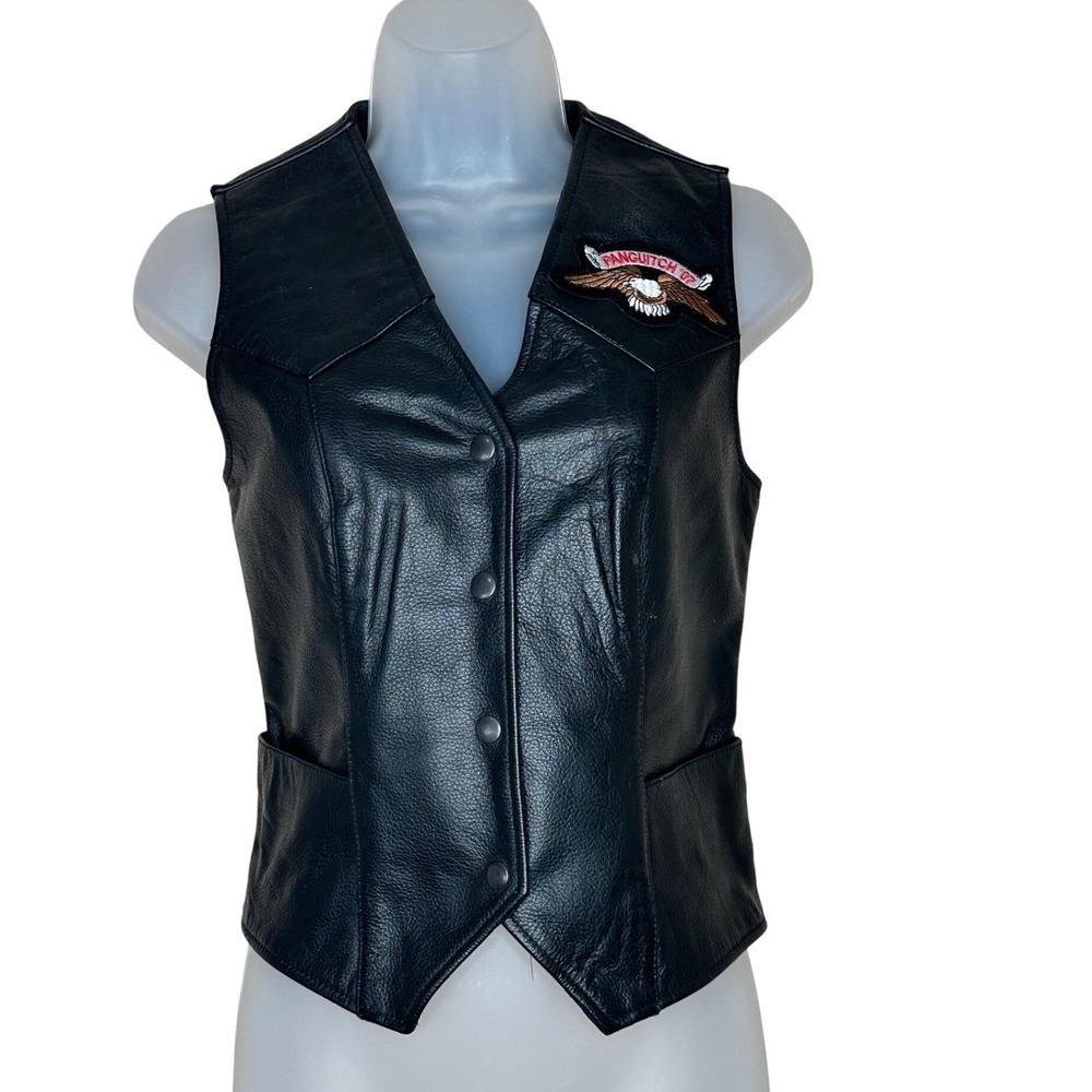 FMC Women's S Black Leather Biker Vest Patch Snap Front Style L-500 Bikercore